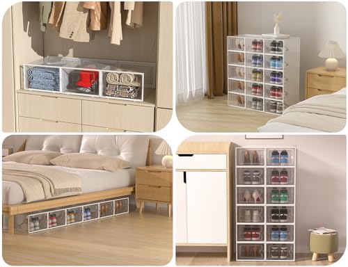 Image of Kuject XX-Large Shoe Storage Boxes Organizers Clear Plastic Stackable 12 Pack, Shoe Rack & Holder Substitute, Sneaker Containers, Shoe Storage Organizer Bins for Closet, Under Bed, Grey(No Fold Line)