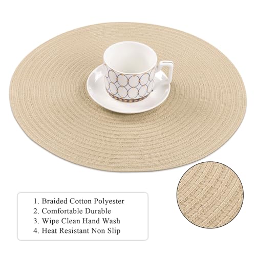 Image of SHACOS 15 inch Round Braided Placemats Set of 4 Cotton Polyester Place Mats Washable Kitchen Dining Table Mats for Dinner Party Table Decor (Light Beige, 4)