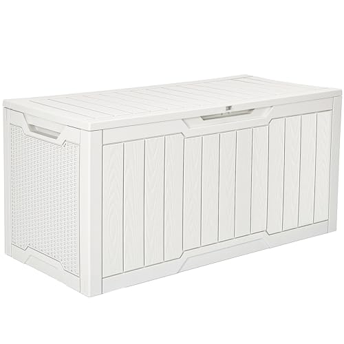 YITAHOME 100 Gallon Large Outdoor Deck Box Waterproof Resin Storage Box Lockable Indoor Outdoor Storage Container for Patio Furniture Cushions Pool Accessories Garden Tools White