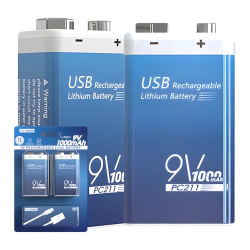 Tosiicop 9V Blockbatterie rauchmelder Akku - 9 Volt Blockbatterie Lithium 1000mAh (3700mWh) mit 2-in-1 USB-C 6F22 6LR61 Ersetzen Battery für Rauchmelder Metallmelder Beleuchtungsgeräte Mikrofone 2PCS