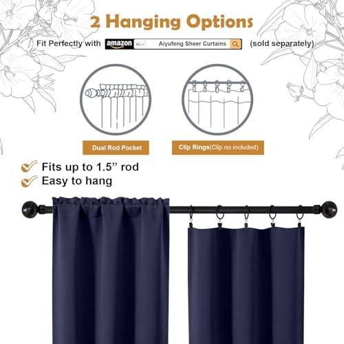 Image of Aiyufeng Navy Blue Short 36 Inches Blackout Curtain 2 Panels Set, Half Window Rod Pocket Privacy Curtain Tiers for Kitchen, Curtains Blackout for Bathroom Shades, W40 x L36 Inch, Navy Blue