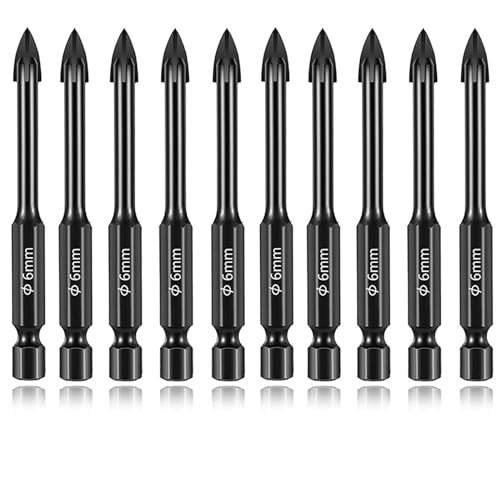 10 Pcs Glass and Tile Porcelain Drill Bit, 6MM Masonry Drill Bits Set, Multifunctional Cross Triangle Drill Bit Set for Glass, Brick, Tile, Concrete, Plastic and Wood(Black)