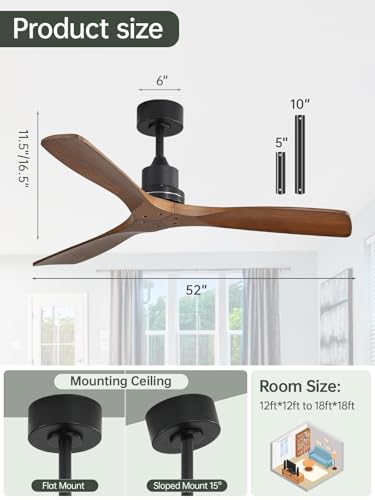 Image of Sofucor 52 Inch Smart Wood Ceiling Fan No Light, Alexa /App /Remote Control | Modern Without Light, 3 Blade, Quiet Reversible DC Motor, 6 Speed, Indoor /Outdoor /Bedroom /Living Room /Farmhouse /Patio, Brown