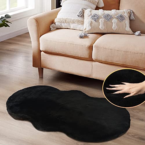 Black Faux Rabbit Washable Fur Area Rugs for Bedroom Small Fluffy 2x4 Fur Rug Chair Cushion Living Room Décor