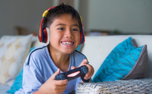 Image of Super Mario Wireless Bluetooth Portable Kids Headphones with Microphone, Volume Reduced to Protect Hearing Rechargeable Battery, Adjustable Kids Headband for School Home or Travel