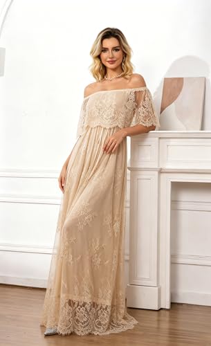 Image of HOYISHION Women's Off The Shoulder Floral Lace Maxi Dress White Bridesmaid Wedding Party Maternity Photoshoot Long Dresses