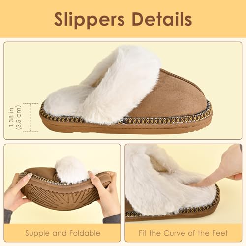 Winter Plush House Slippers for Women, Anti-Skid Cozy Warm with Faux Fur Collar Hard Sole Suede Shoes2