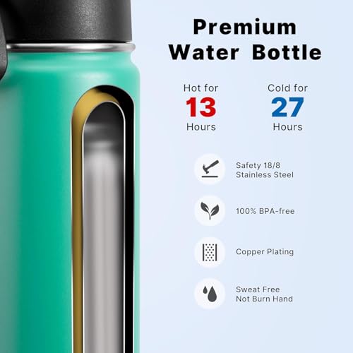 Image of koodee 22 oz Water Bottle Stainless Steel Vacuum Insulated Wide Mouth Sports Water Bottle with Straw Lid, Reusable Metal Water Bottle for Girls Women (Teal)