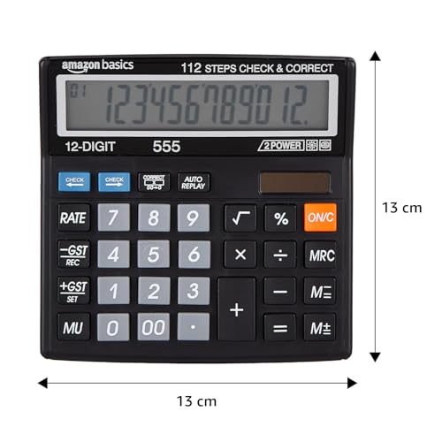 Image of Amazon Basics AB-555 12 Digits GST & Tax Calculator with 112 Steps Check and Correct, Basic Calculator, Black