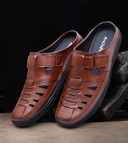 Image of ARAMISH Back Open Genuine Leather Fisherman Sandals for Men