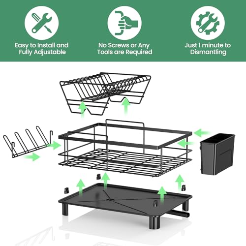 PKBD 2 Tier Dish Drainer Rack,Multifunctional/Detachable Dish Rack with Swivel Drainage Spout,Utensil Holder,Cup Holder,Rust-proof Carbon Steel/Space-Saving Dish Drying Rack for Kitchen Counter,Black - Image 4