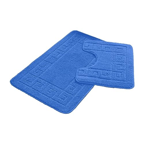 FAIRWAYUK Bathroom Mats Sets 2 Pieces, Ultra Plush Greek Pattern Bath Toilet Mat Anti Slip Pedestal Set, Extra Absorbent 100% Polypropylene Rug, Bathroom Accessory (Blue)