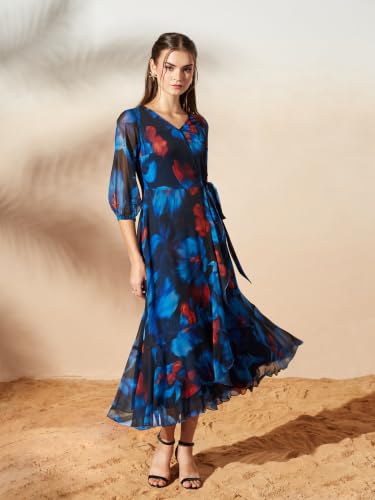 Image of Miss Chase Women's Multicolored Black Floral V-Neck 3 /4 Sleeve Wrap Chiffon Midi Dress