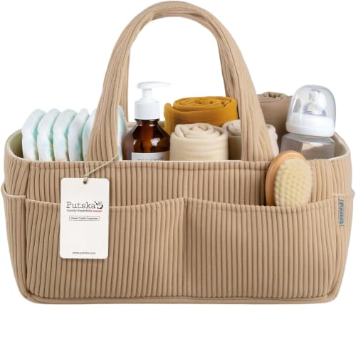 Image of PUTSKA Baby Diaper Caddy Organizer, Nursery Basket (Brown, Corduroy)