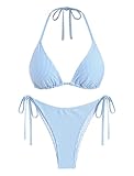 ZAFUL Textured Halter Bikini for Women 2 Piece Triangle Bikini Sets Sexy High Cut Bathing Suit Side Tie Swimsuits Blue Stripe M