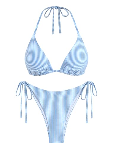 ZAFUL Textured Halter Bikini for Women 2 Piece Triangle Bikini Sets Sexy High Cut Bathing Suit Side Tie Swimsuits Blue Stripe S