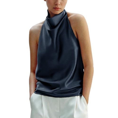 Maohao Women's Silk Satin Tank Tops Halter Draped Front Sexy Backless Womens Summer Tops Elegant Camisole Tops (Navy,M)