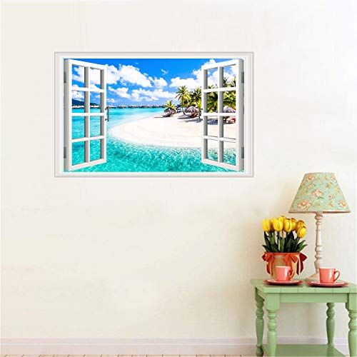 Fake Windows Wall Sticker Removable 3D Beach Seascape Faux Windows Wall Sticker Vinyl Self-Adhesive Beach Landscape Palm Tree Wall Mural Stickers For Bedroom Living Room Decoration #TOP5