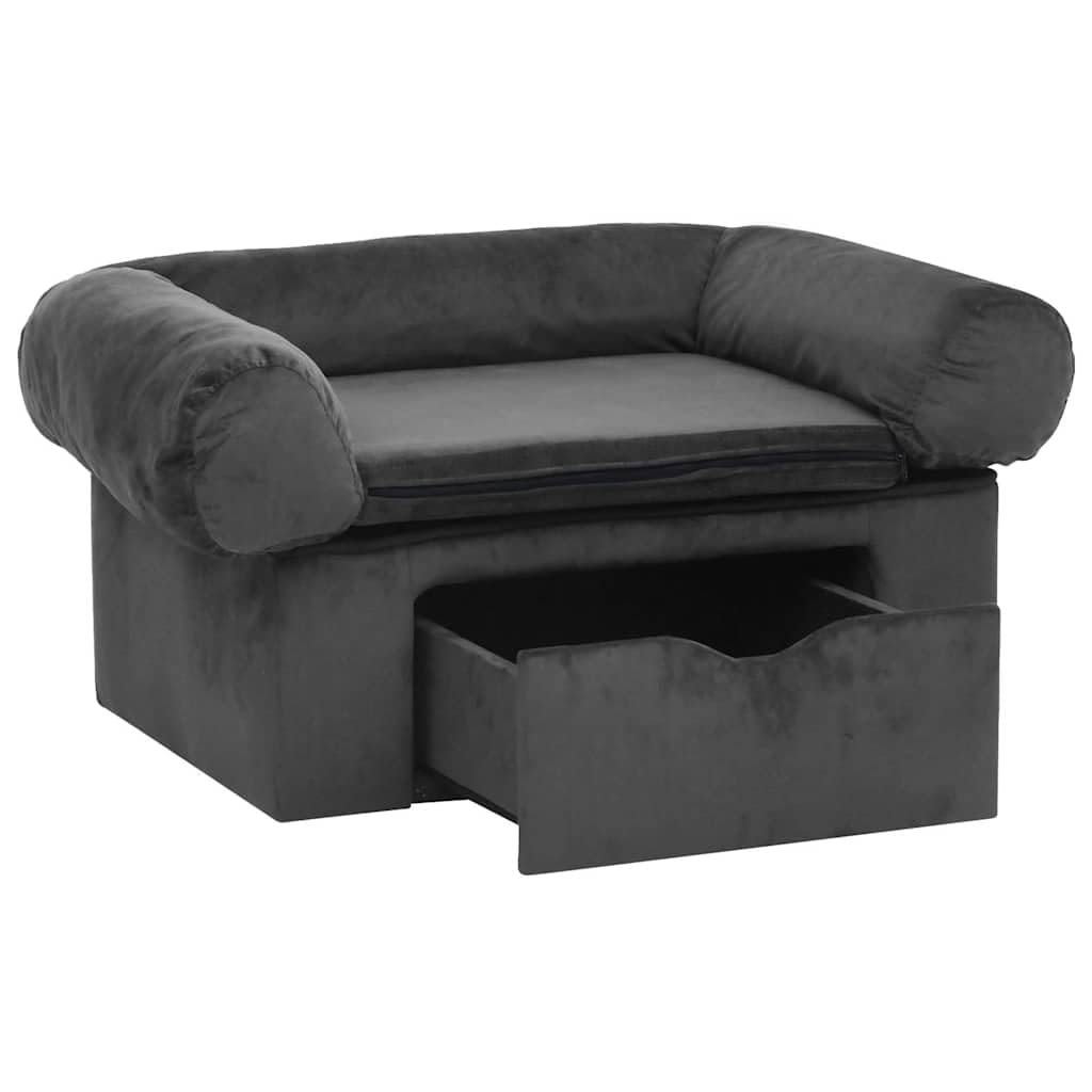 Hundesofa mit Schublade Dunkelgrau 75x50x38 cm - Haustiersofa aus Kiefernholz und Plüsch, Bequemes Katzensofa mit Stauraum für Hundezubehör, Stabiles Tierbett für Wohnzimmer und Schlafzimmer