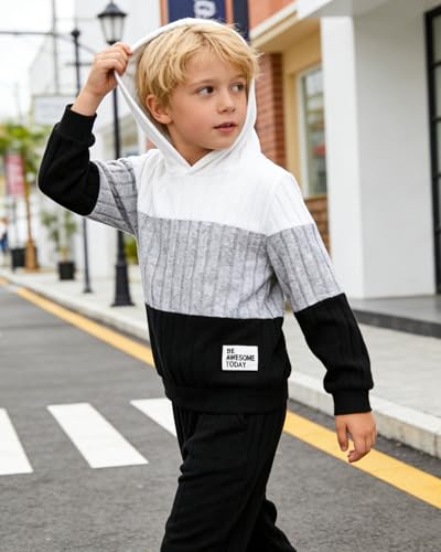 Image of 5-11Y Boys Clothes Long Sleeve Hooded Pullover Colorblock Sweatshirt + Pants 2pcs Fall Winter Outfit Set