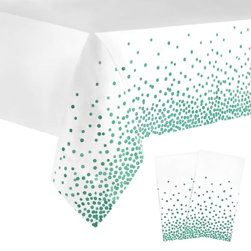 Jepeux 2 Packaging White and Green Plastic Tablecloth, 54 inch x108 inch Rectangular Disposable dot Party Table Cover, Suitable for Birthday, Graduation, Restaurant, Wedding Decoration Tablecloth