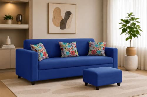 Image of Rosebell 3 Seater Sofa with Ottoman | Living Room Couch | with Printed Cushions | Sofa for Home, Apartment & Office-Blue Color