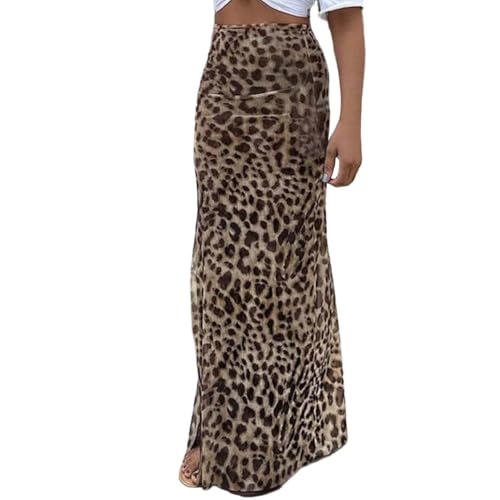 Vhersily Damen Leopard Langer Rock mit Schlitz Leo Mesh Maxi Sommerrock Elegant Bodycon Midi Skirt Casual Sexy Party Bar Strand Bequem Streetwear...