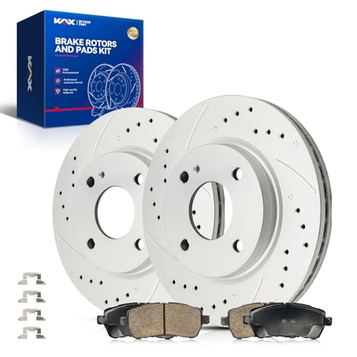 Image of KAX Front Brake Kit Fits Ford Fiesta 2014-2019 1.6L, 2011-2013 | for 2014-2017 1.0T, Drilled and Slotted Brake Rotors Ceramic Brake Pads, Automotive Replacement Brake Kit