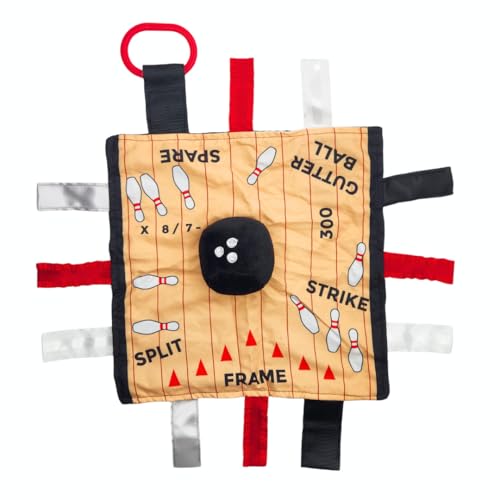 Image of Baby Jack & Co 10x10 Bowling Sports Lovey Sensory Plush Blanket - Tag Toys for Babies - Baby Stroller Toys - Learn Shapes, Letters & Colors - Perfect MVP Baby Toy & Baby Sports Gift w /Stroller Clip
