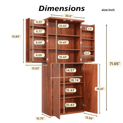 Image of Ball & Cast 72″ Fluted Pantry Cabinet,Versatile Wood Storage Cabinet with 4 Adjustable Shelves,6 Door Shelves,Moden Kitchen Cabinet w /Anti-Tip Safety for Kitchen,Dining Room,Living Room,Walnut