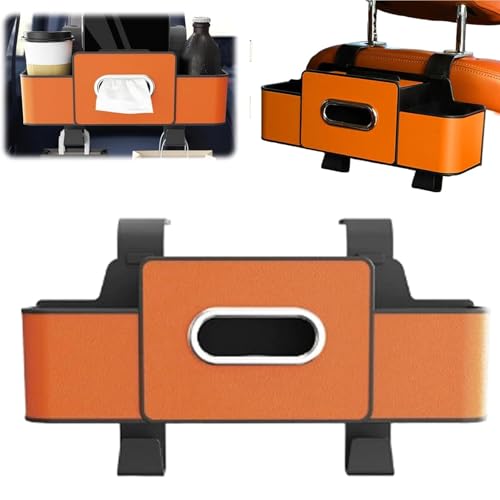 Car Organizer and Storage Box, 3-in-1 Multifunctional Car Backseat Organizer with Cup Holder, Tissue Box, Trash Bin & Hooks, for Hold Phone,Snacks, Drinks, Handbag-Black (Orange)