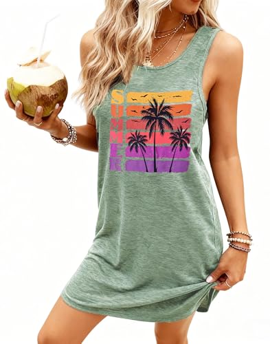 Image of Summer Tank Dress for Women Casual Vacation Sundress Coconut Tree Graphic Beach Cover Up