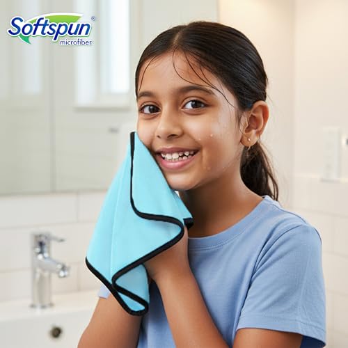 Image of SOFTSPUN Microfiber Baby Hand & Face Wipes 280 GSM 20x30 Cms 4 Piece Towel Set Light Sky Blue! Super Soft & Comfortable for Newborn Baby and Kids Quick Drying Ultra Absorbent in Small Size.