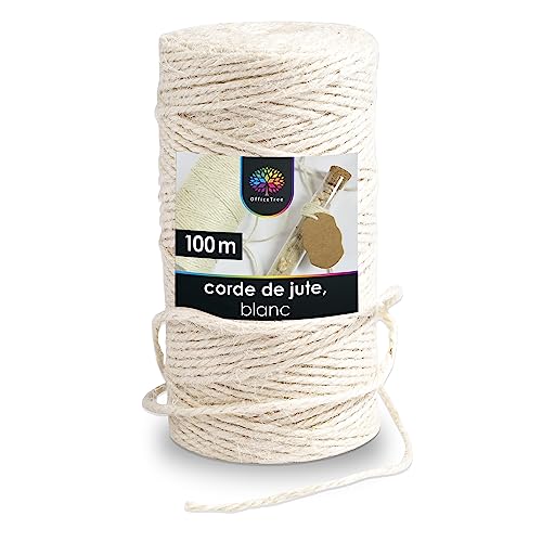 OfficeTree Ficelle de jute naturelle pour plantes et travaux manuels, cordon en macramé, emballage cadeau et cordon pour colis, 100 m, blanc