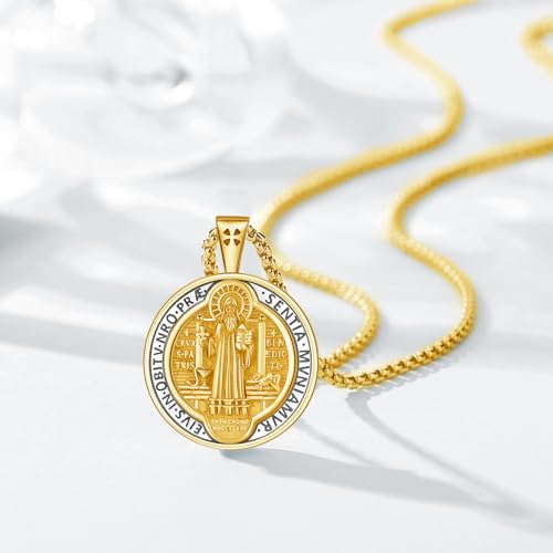 18K Gold Plated St Benedict Medals Necklace for Men Women, 925 Sterling Silver Patron Saint Medal Necklace Catholic Protection Pendant Amulet Religious Jewelry Gifts2