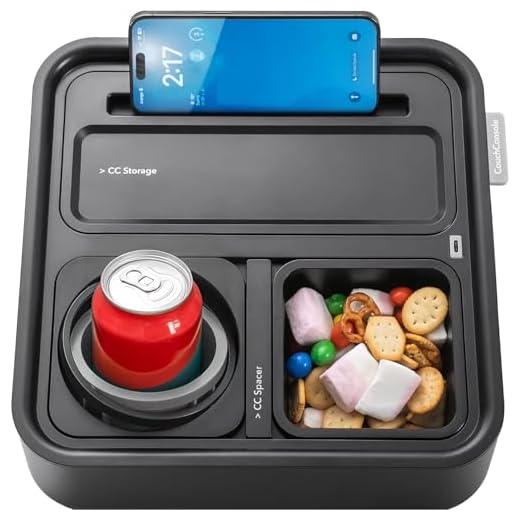CouchConsole Original Cup Holder Tray - Drinks & Snacks Sofa Caddy with Armrest, Table with Phone Stand- TV Remote Control Storage and Organizer - for Living Rooms, RV, and Cars, Black/Gray