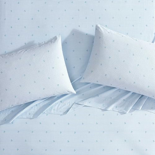 Image of Laura Ashley - Full Size Sheet Set, Soft & Lightweight Cotton Percale Bedding with Matching Pillowcases, Deep Pocket, Coastal Room Decor, College Dorm Room Essentials (Turtle Gingham Blue)
