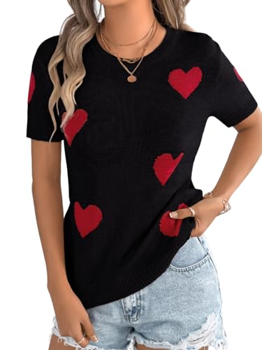 Kaei&Shi Heart Short Sleeve Sweater,Summer Sweaters for Women Lightweight,Dressy Casual Valentines Knit Tops
