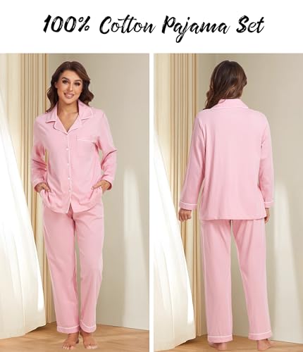 ANLIQI 100% Cotton Pajamas for Women Button Down Pajamas Long Sleeve Top & Pant Sleepwear Loungewear Pj Set with Pocket2