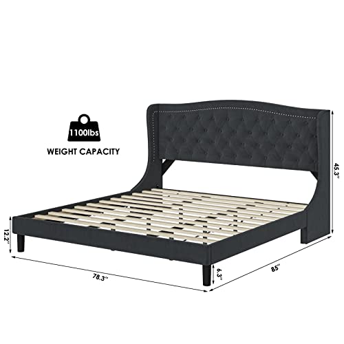 Hostack King Size Bed Frame, Modern Upholstered Platform Bed With Wingback Headboard, Heavy Duty Button Tufted Bed Frame With Wood Slat Support, Easy Assembly, No Box Spring Needed(Gray, King) #TOP1