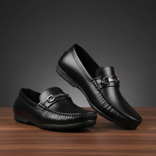 Image of Men's Black Formal Loafers with Metal Buckle | Slip-On Office & Business Wear Shoes for Men