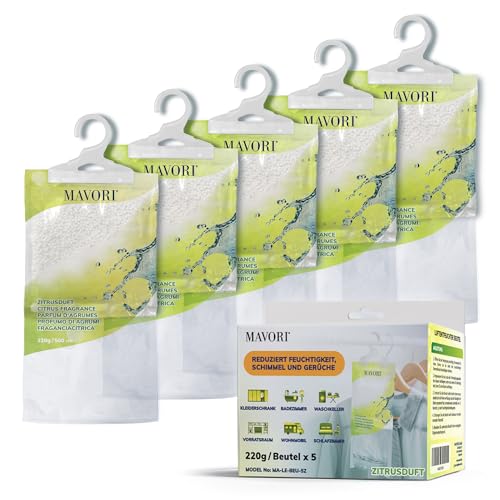MAVORI 5er Set Luftentfeuchter zum Aufhängen I Luftentfeuchter Beutel I Entfeuchter Schrank und Feuchtigkeitsabsorber für Räume gegen Feuchtigkeit und Gerüche I bis zu 500ml Beutel (Zitrusduft)