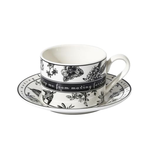 YT-KOKE Set di Tazze da Caffè e Piattini in Ceramica Floreale Nera Vintage, Tazza in Porcellana Retrò con Manico, Tazza da Tè con Motivo Floreale Dipinto a Mano con Cucchiai