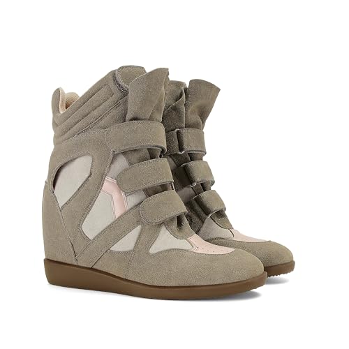 Image of Wedge Sneakers for Women Heels Suede Hook and Loop High Heel Tennis Round Toe Triple Strappy Band Casual Vintage Fashion Dressy Comfy Campus Trendy Retro Sneaker