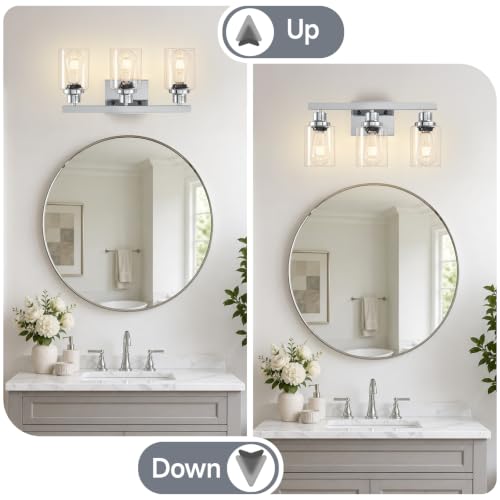 Image of 3 Light Bathroom Light Fixtures,17 inch Polished Chrome Vanity Lights | Modern Vanity Lights over Mirror with Clear Glassshades,Farmhouse Bathroom Wall Sconece over Sink,E26 Base