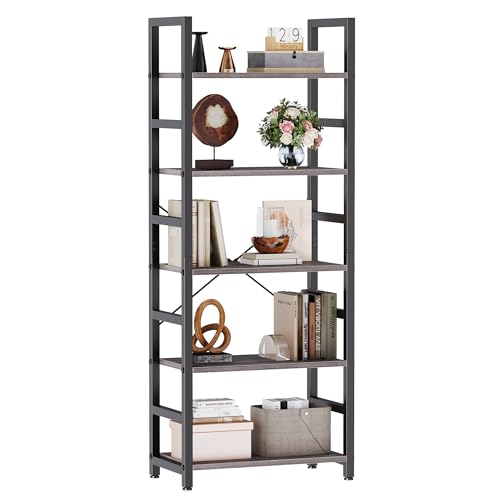 Image of DUMOS 5-Tier Bookshelf, Modern Tall Bookcase, Open Storage Display Shelf for Living Room, Bedroom, Home Office, Narrow Standing Shelving Unit for Books, CDs, Decor,Wood Grey