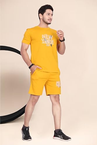Image of HOODMASTER Men's Cotton Night Suit Set of Top & Knee Length Shorts with Round Neck Half Sleeves Solid Pattern Regular Fit and Standard Length | Mens Cotton Night Suit | T-Shirt and Shorts Sets