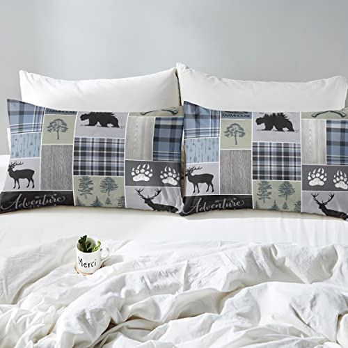 Rustic Patchwork Comforter Set, Checkered Buffalo Plaid Bedding Set For Kids Teens Adult, Woodland Wildlife Bear Moose Elk Pine Trees Pattern Printed Duvet Sets Farmhouse Decorations, Twin Size #TOP5