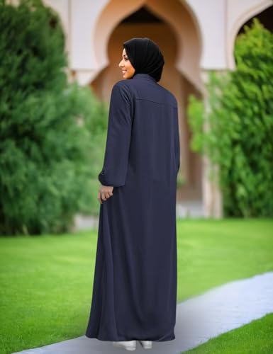Image of Womens Muslim Abaya Dress Front Zipper 2 Pockets Long Sleeve Prayer Islamic Clothes with Hijab Cap