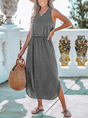 Image of CUPSHE Women Knit Summer Dress Cover Up Crew Neck Elastic Waist Side Slit Midi Casual Sundress Beach Cover Up Dresses